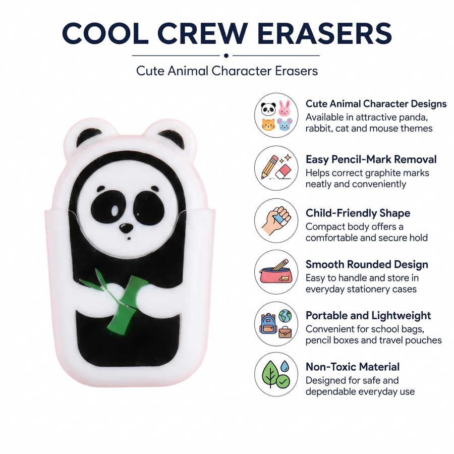 DOMS Cool Crew Eraser – Cute Animal Character Eraser for School, Art & Everyday Pencil Corrections