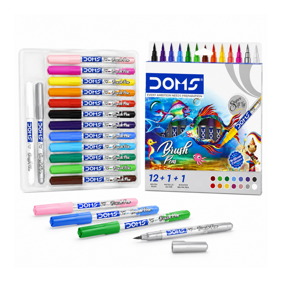 DOMS Brush Pens 13+1 Colors – Fine & Bold Stroke Pens for Calligraphy and Sketching