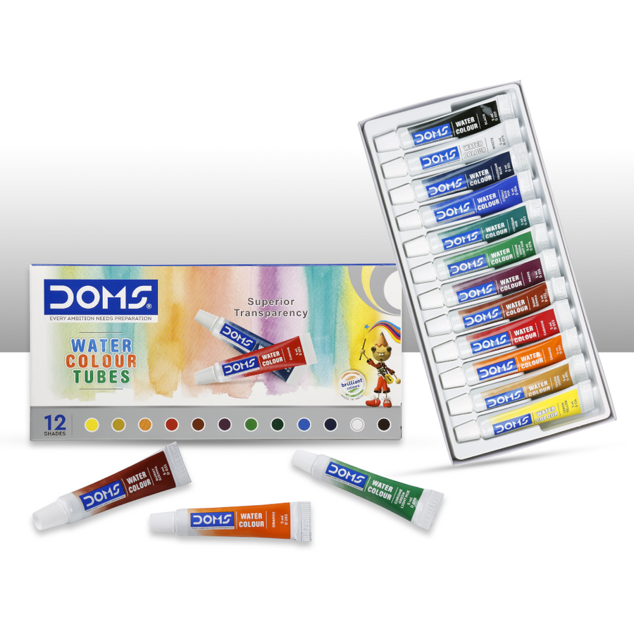 DOMS Water Colour Tubes (12 Shades) with Synthetic Brush | Rich Pigment Watercolors for Students & Beginners