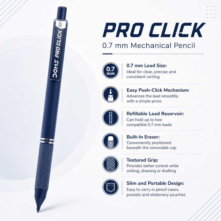 DOMS PRO CLICK 0.7 mm Mechanical Pencil – Refillable Click Pencil with Built-In Eraser