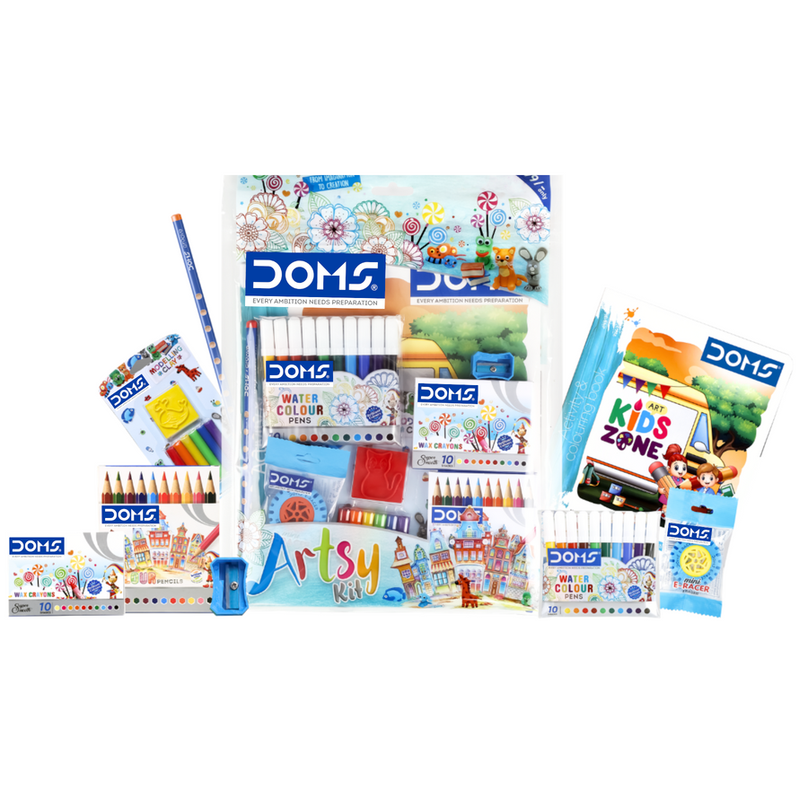 DOMS Artsy Art & Craft Kit for Kids – Complete Creative Stationery Set with Colour Pencils, Wax Crayons, Water Colour Pens, Modelling Clay & Colouring Book