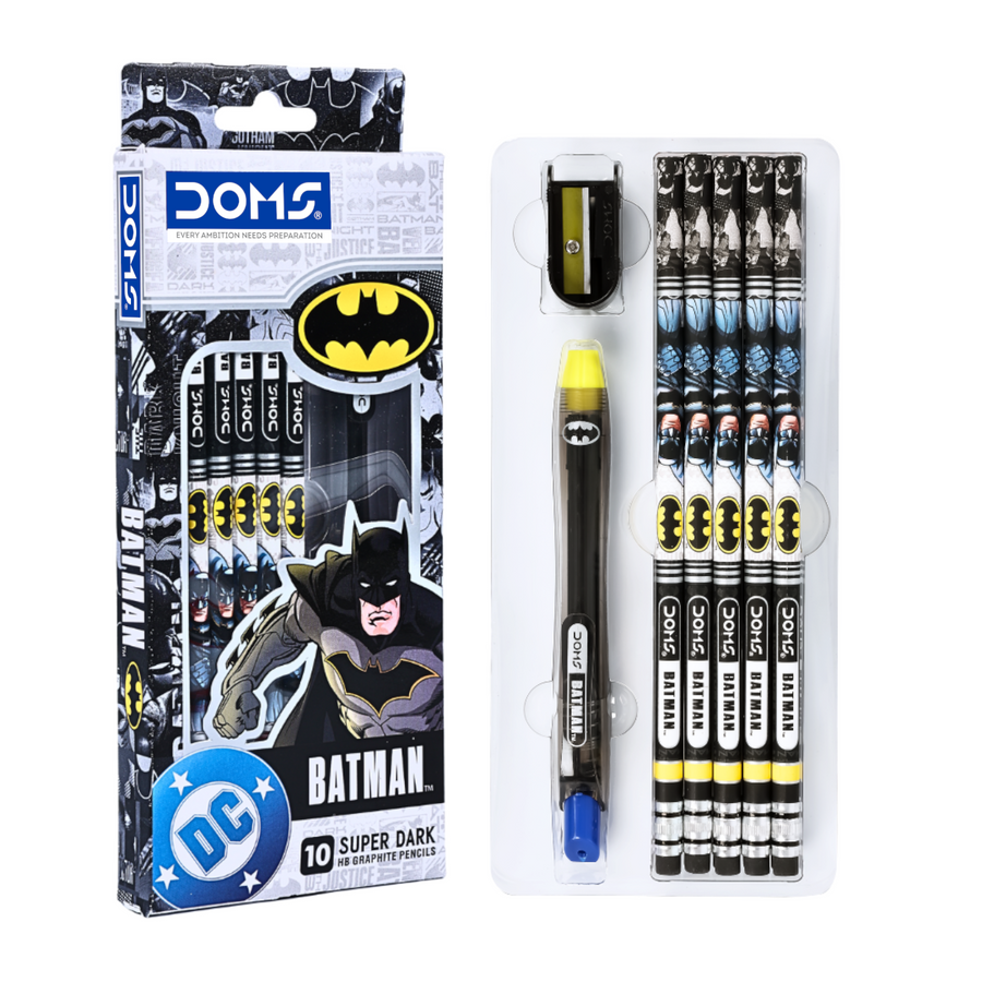 DOMS Batman Pencil Set | Batman Themed Graphite Pencils with Sharpener & Eraser | Premium Writing & Drawing Kit for Kids, School & Art Use | Official Licsenced Merchandise