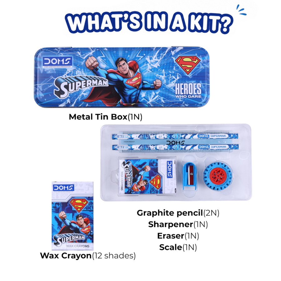 DOMS Superman Stationery Kit with Metal Tin Box, 12-Shade Wax Crayons, 2 Pencils, Eraser, Sharpener & Scale | School & Gifting Set