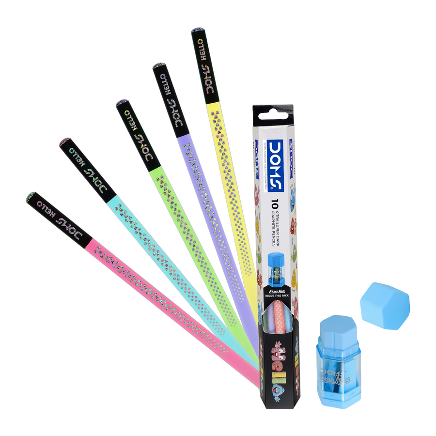 DOMS Hello Graphite Pencils | Extra Super Dark Writing | HB Pencils with Eraser & Sharpener | Smooth & Break-Resistant