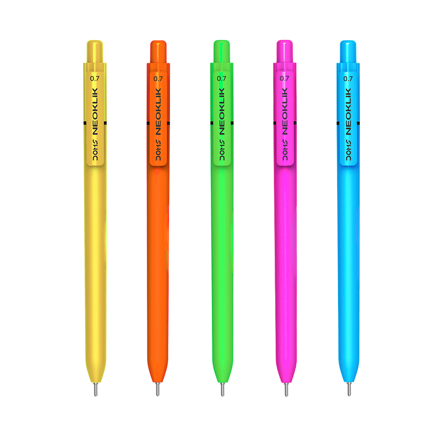 DOMS NEOKLIK Ball Pen 0.7 mm – Smooth Blue Ink Pens | Pack of 5 Multicolor Body Pens for School, Office & Daily Writing