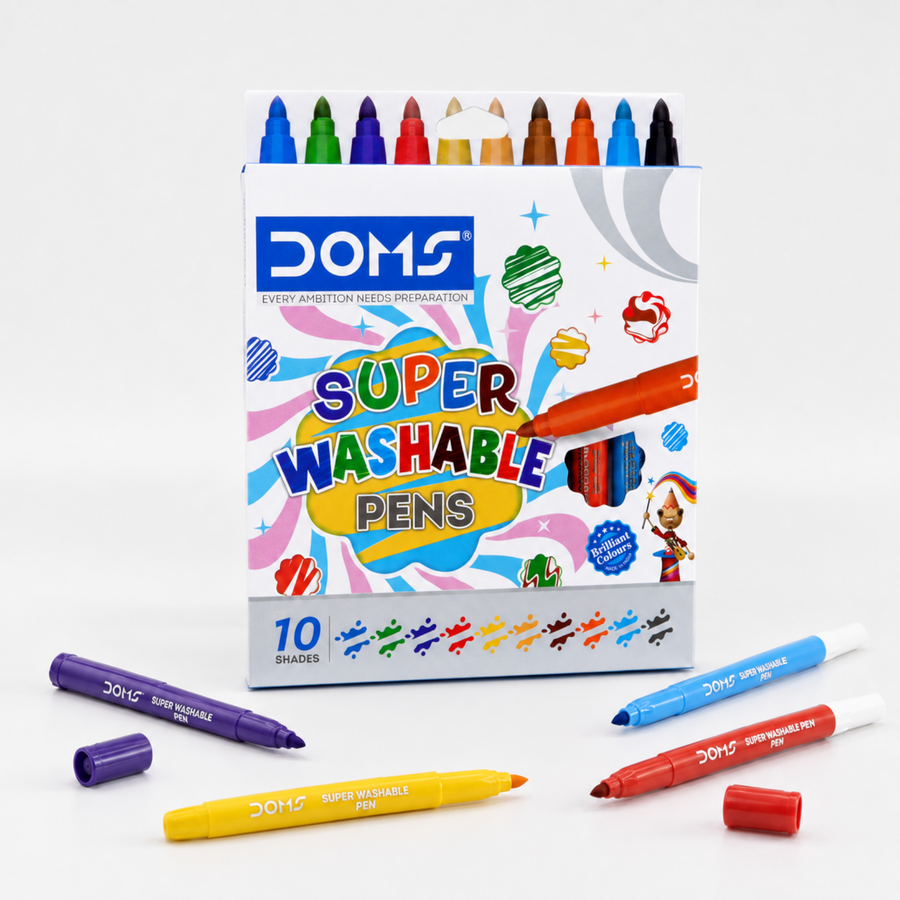 DOMS Super Washable Pens 10 Shades | Easy Wash Ink Colouring Pens for Kids, School & Art