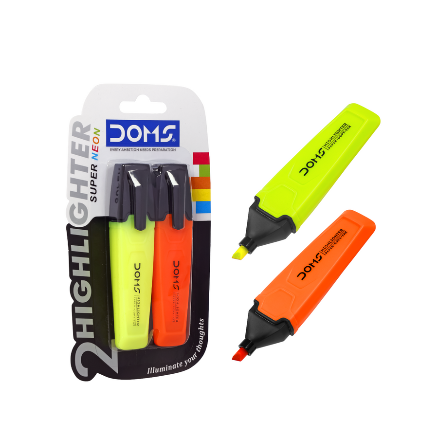 DOMS Neon Highlighters Pack of 2 – Ultra Bright Fluorescent Highlighter Pens, Smudge-Free, Fast Drying, Study & Office Stationery
