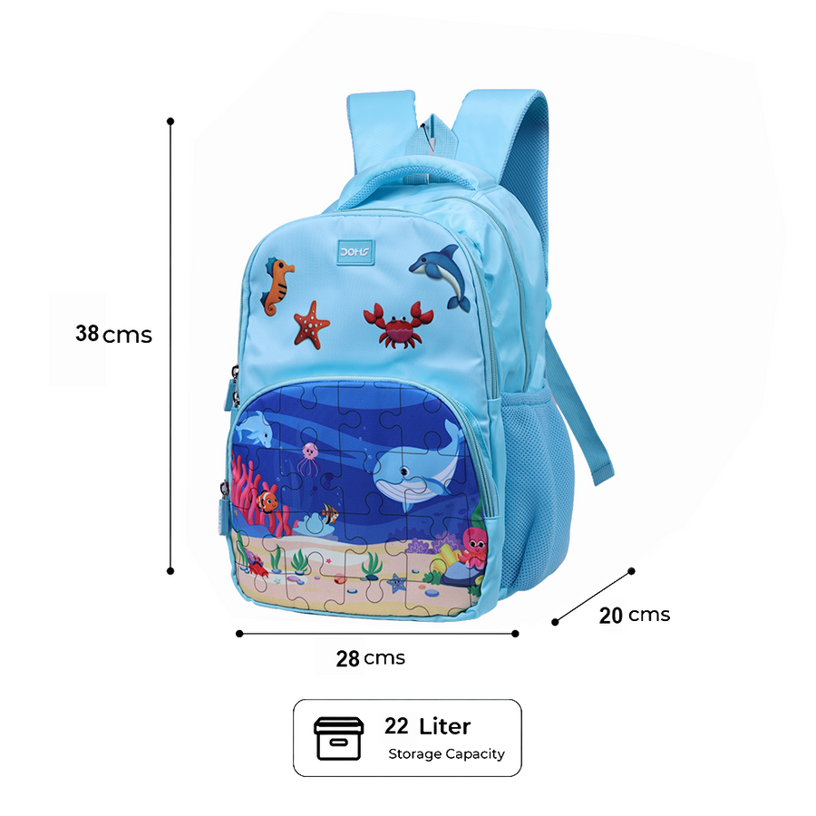 DOMS Puzzle Bag Kids School Backpack – Lightweight Water-Resistant Cartoon Theme Bag (22L)