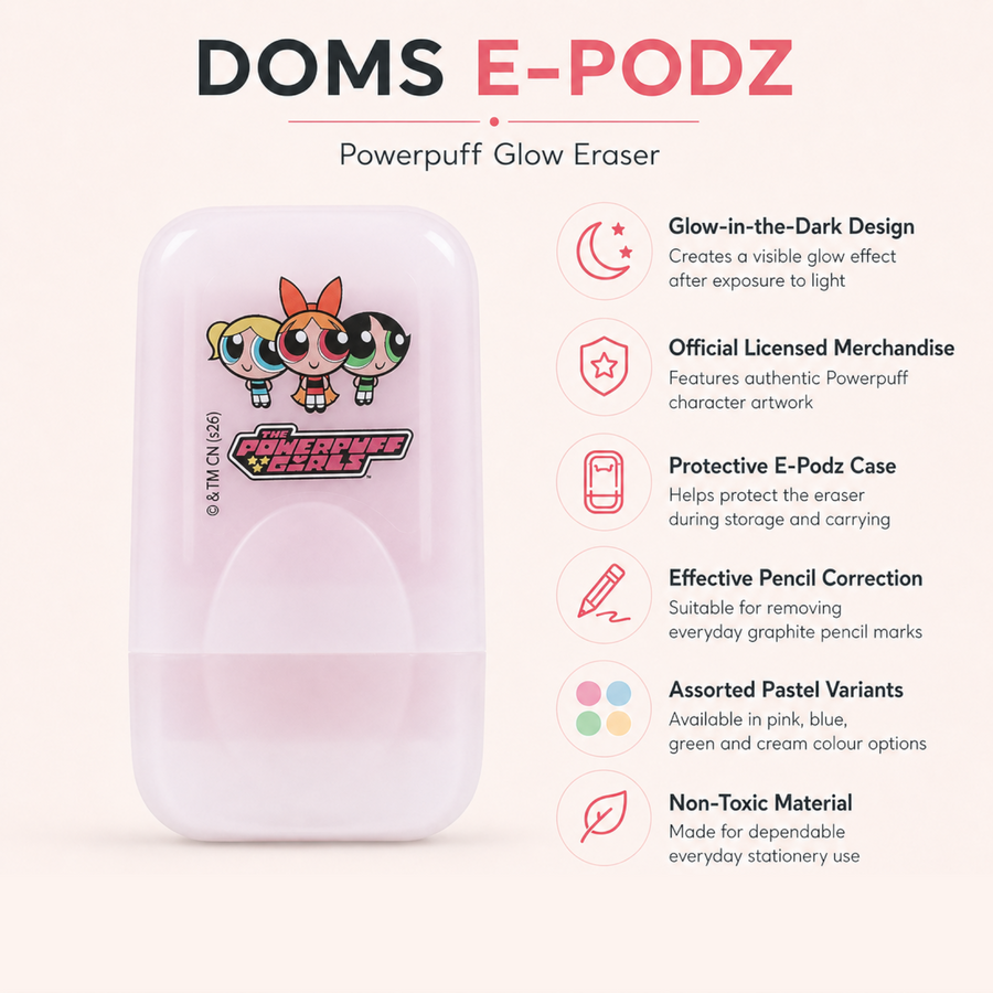 DOMS The Powerpuff Girls E-Podz GLO Eraser – Glow-in-the-Dark Eraser with Protective Case | Officially Licensed Merchandise