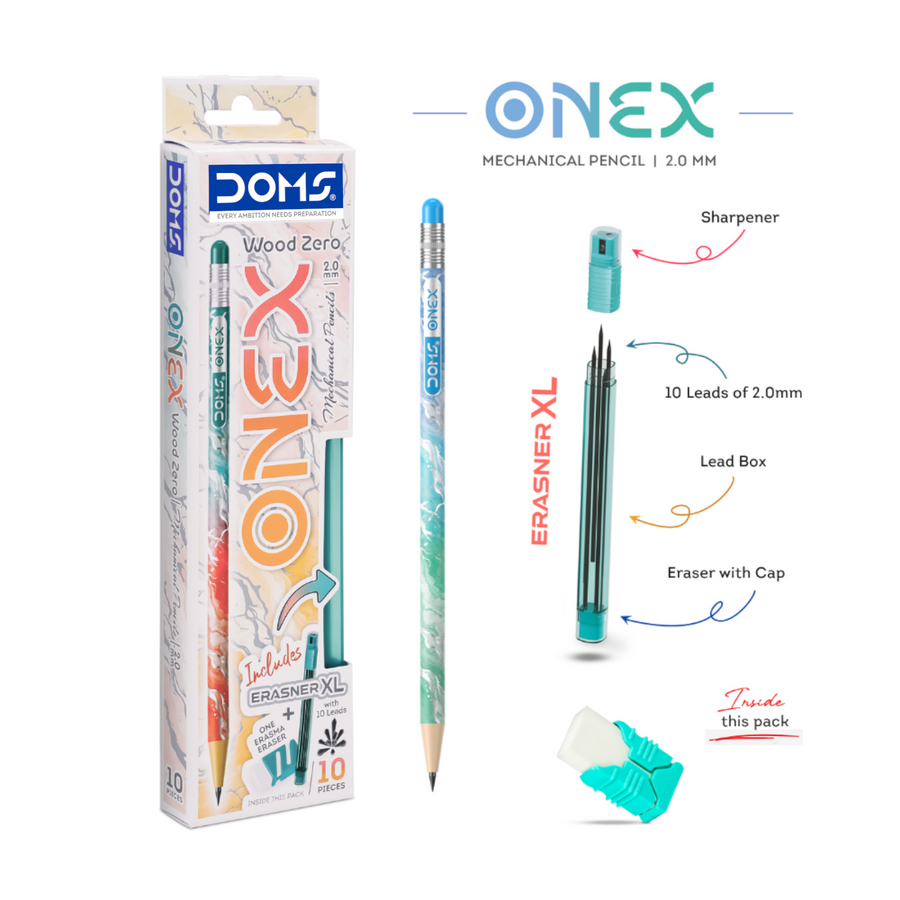 DOMS ONEX Wood Zero 2.0 mm Mechanical Pencil with Built-In Sharpener, Eraser & Refill Leads