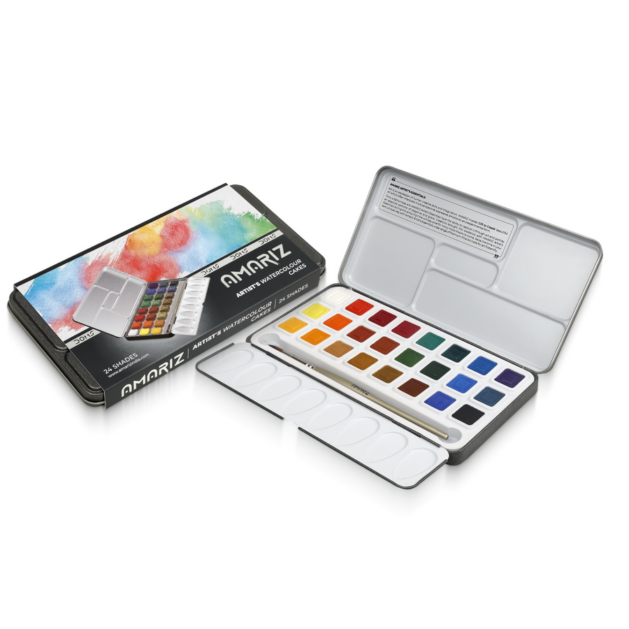DOMS AMARIZ Artist’s Watercolour Cakes 24 Shades | Premium Water Colour Cake Set with Brush & Mixing Palette for Artists, Students & Beginners