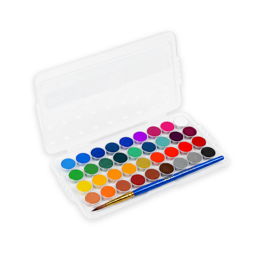 DOMS Aqua Colour Cakes 36 Shades (15 mm) with Brush | Premium Watercolour Palette for Students & Artists