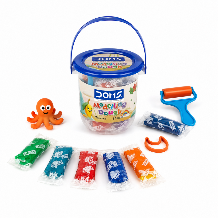 DOMS Modelling Dough Set – 7 Shades (85g) with Bucket & Tools | Soft Non-Sticky Dough for Kids Art & Craft