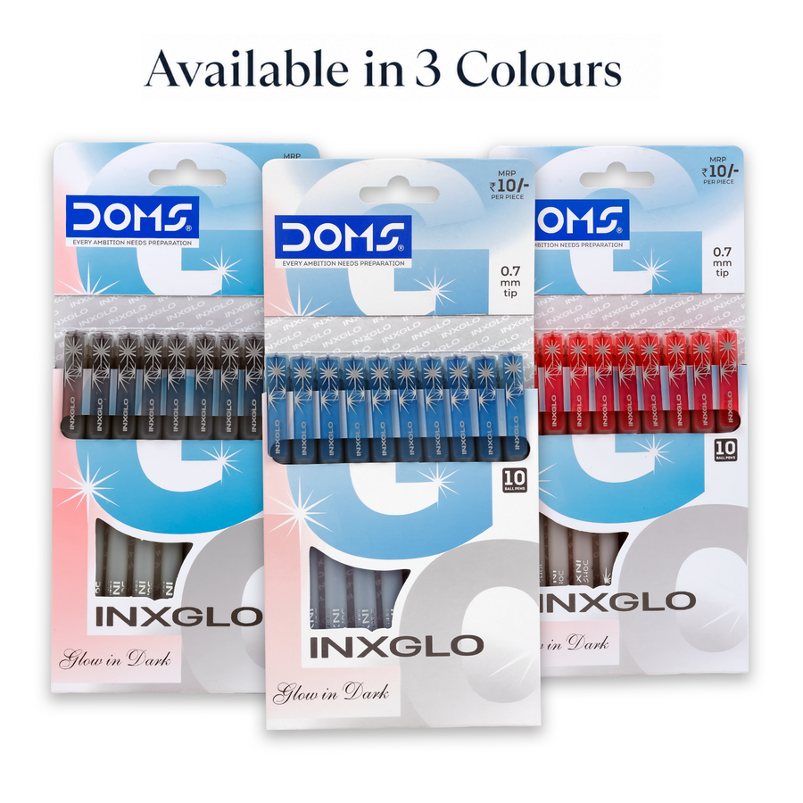 DOMS INXGLO Glow in the Dark Ball Pen Pack of 10 – 0.7 mm Smooth Writing Pens | Blue, Black & Red Ink | Luminous Body Pens for School & Office