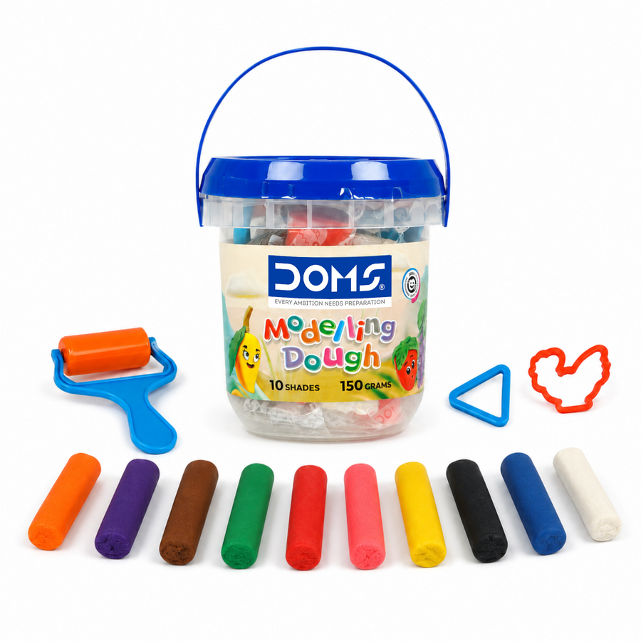 DOMS Modelling Dough 10 Shades (150g) with Bucket & Tools | Soft Non-Sticky Dough for Kids Creative Play