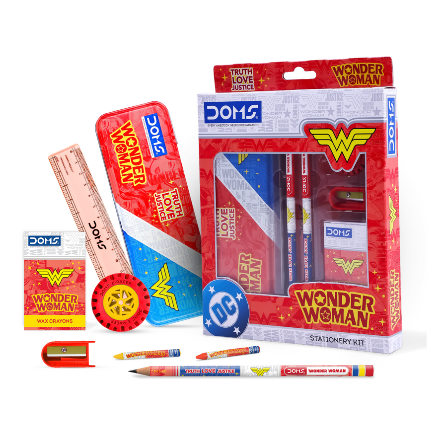 DOMS Wonder Woman Stationery Kit – Kids School Supplies Set with Pencils, Eraser, Sharpener & Ruler | Superhero Theme Gift Kit for Girls