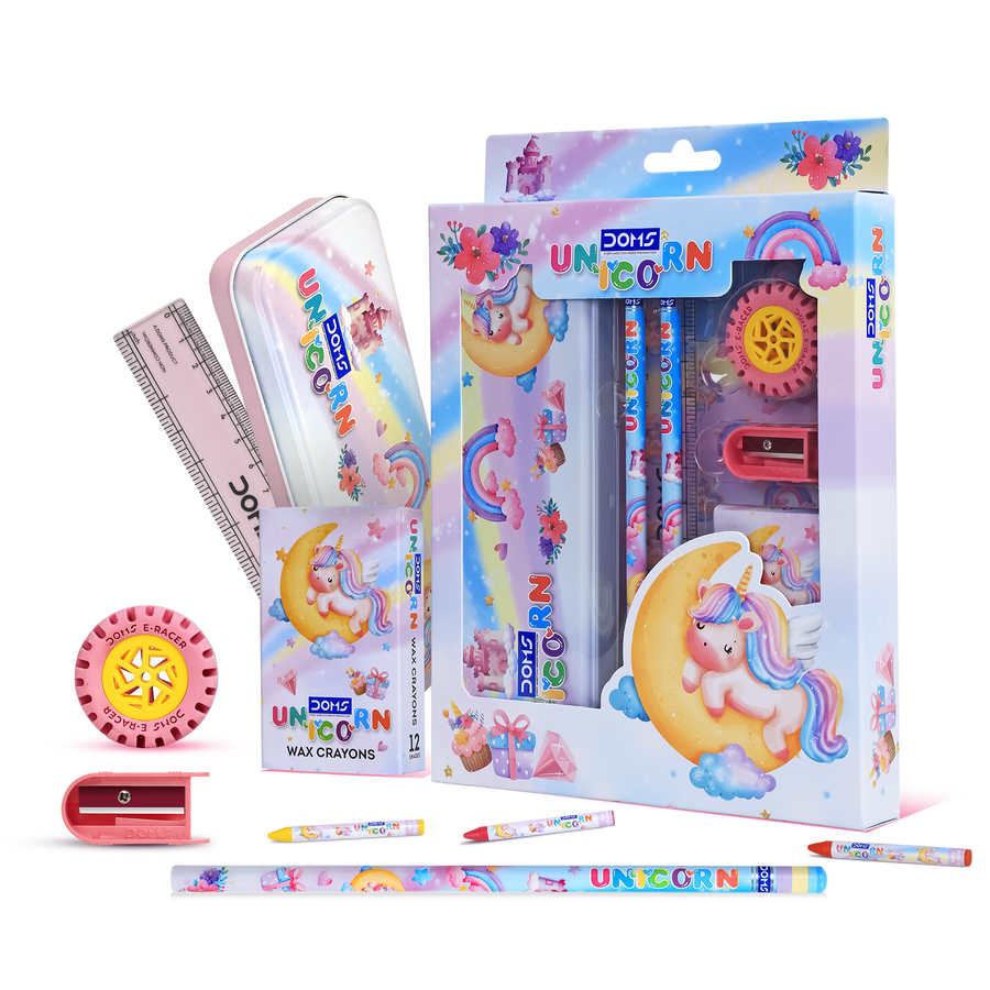 DOMS Unicorn Kit – Kids Stationery Set with Pencil Box, Wax Crayons, Pencils, Eraser, Sharpener & Scale | Cute Unicorn Theme School Kit