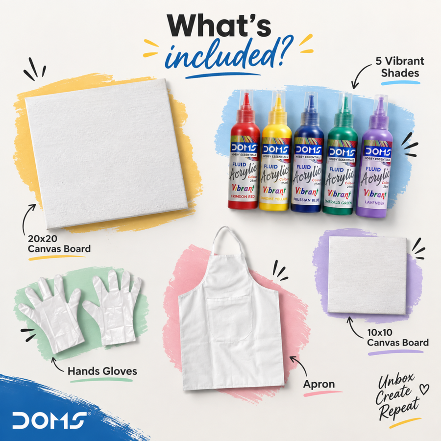 DOMS Hobby Essentials Vibrant Fluid Acrylic Colours Kit 5 Assorted Shades, 25 ml Each | Ready-to-Pour Acrylic Paint Set with Canvas Boards, Apron & Hand Gloves for Pouring, Canvas Painting & DIY Art