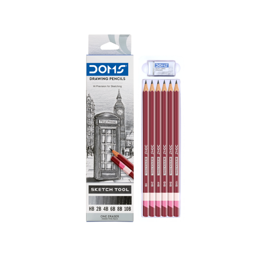 DOMS Drawing Pencil Set of 6 (HB–10B) | Professional Sketching Pencils with Eraser | High Precision Graphite Pencils for Artists, Students & Shading