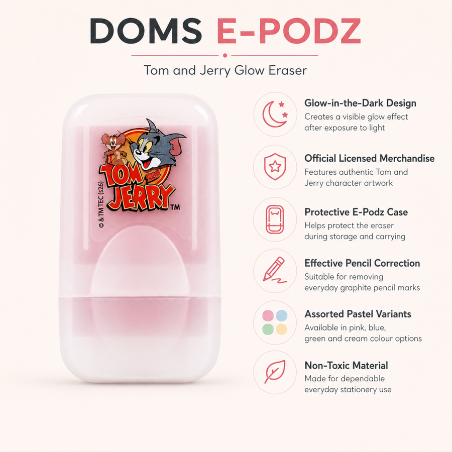 DOMS Tom & Jerry E-Podz GLO Eraser – Glow-in-the-Dark Eraser with Protective Case | Officially Licensed Merchandise