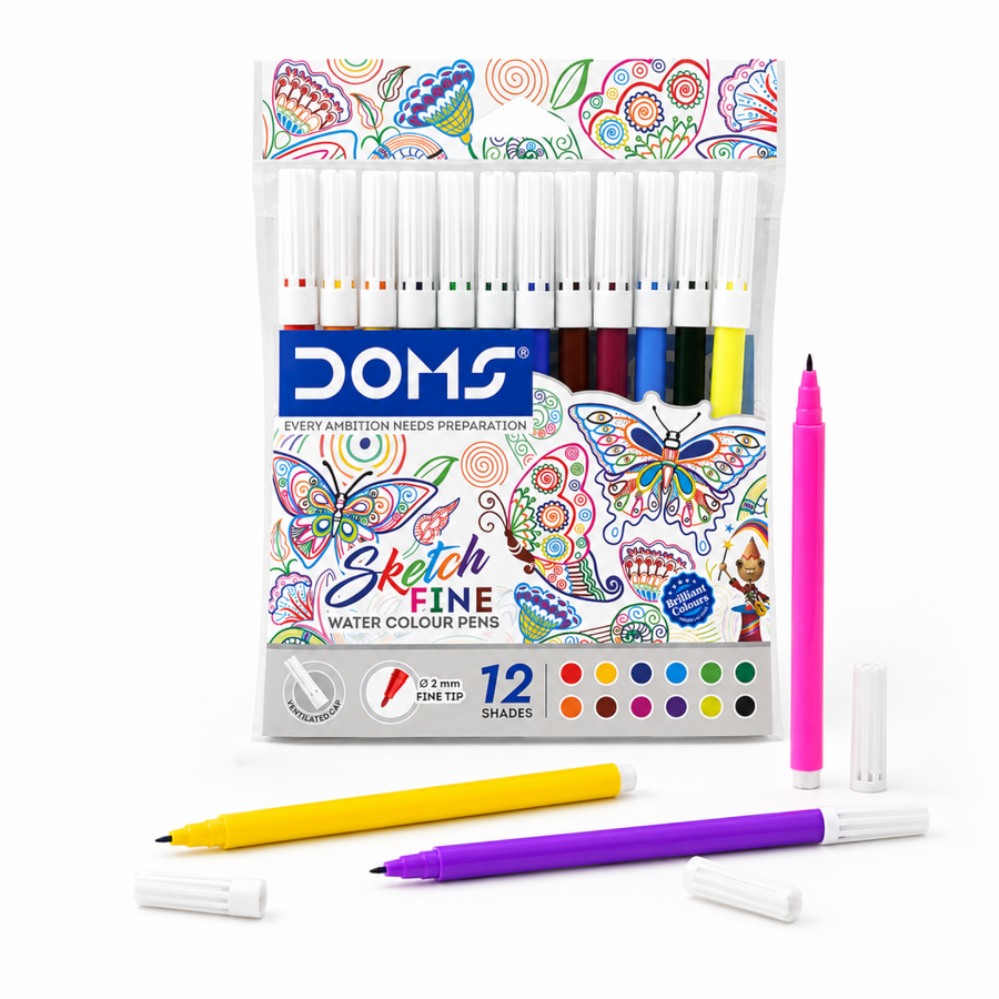 DOMS Sketch Fine Water Colour Pen – 12 Shades | Fine Tip Water-Based Colour Pens for Drawing & Sketching