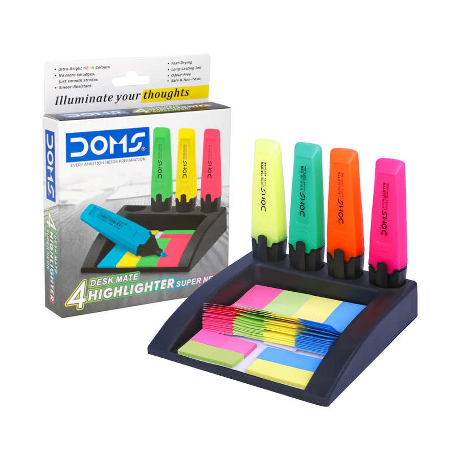 DOMS Deskmate 4 Assorted Highlighter Pens- 4 Pack Fluorescent Markers + Sticky Notes Desk Organizer Kit