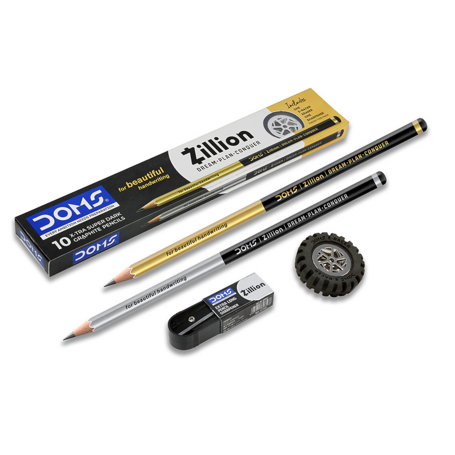 DOMS Zillion X-Tra Super Dark Graphite Pencils Pack of 10 with Sharpener & Eraser | Premium Writing Pencils for Students