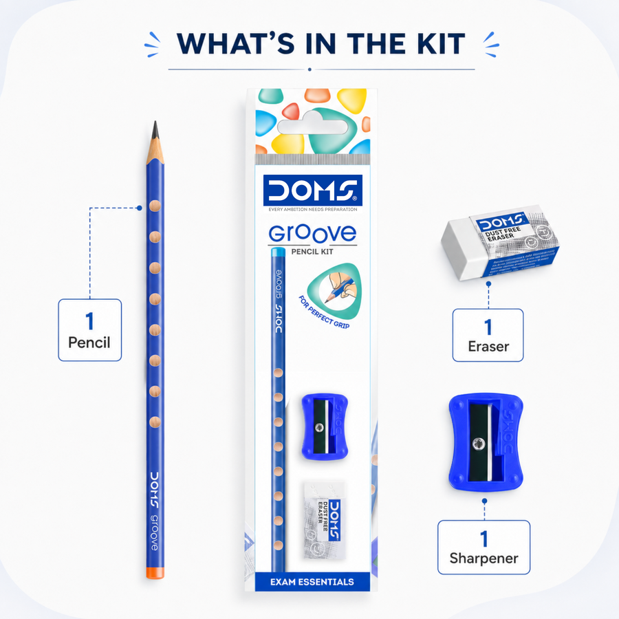DOMS Groove Pencil Kit – Exam Essentials Stationery Set with Pencil, Eraser & Sharpener | Ergonomic Grip Writing Kit for Students