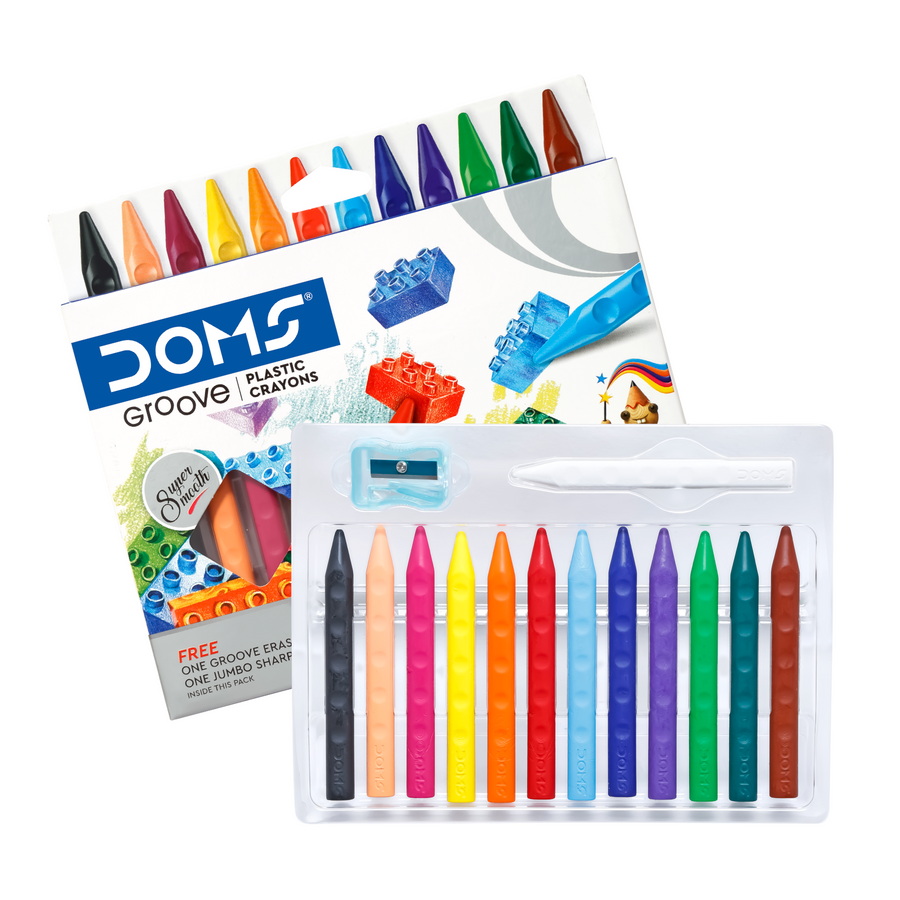 DOMS Groove Plastic Crayons – 12 Shades Erasable & Sharpenable Crayons with Grip Design | Smooth Colouring for Kids