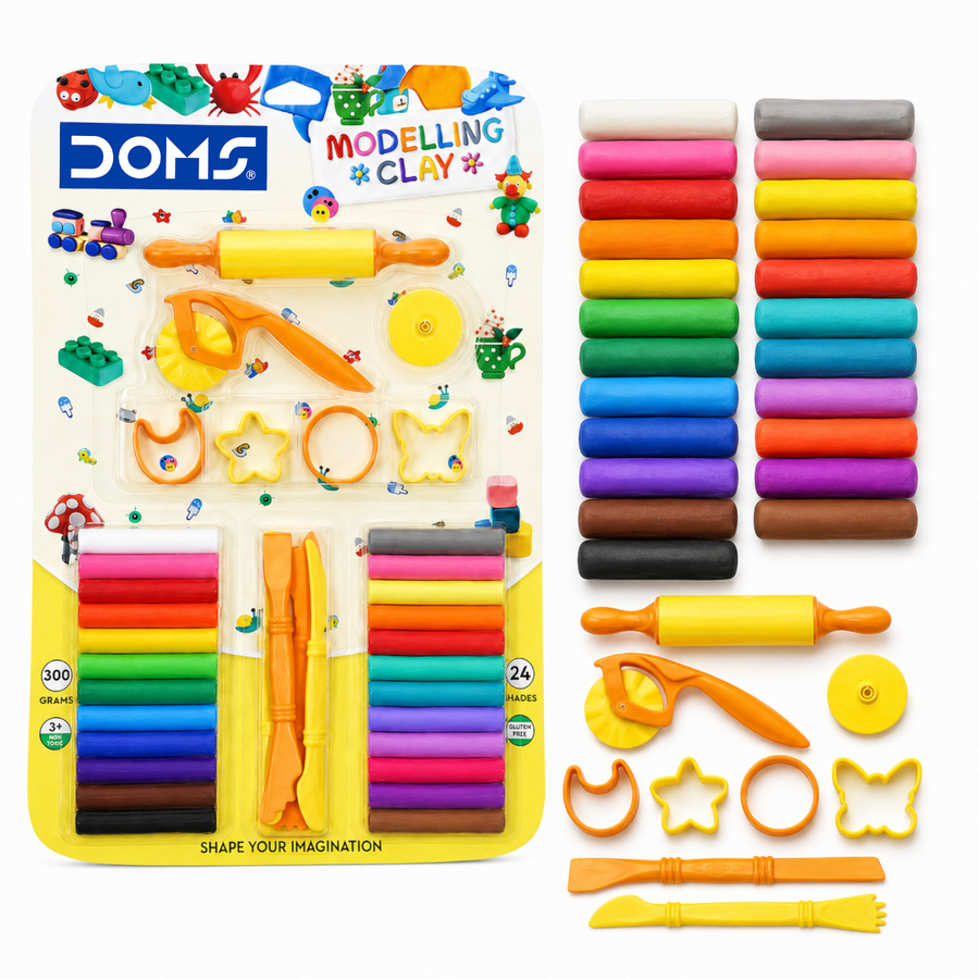 DOMS Modelling Clay 24 Shades (300g) with Tools | Non-Toxic Soft Clay Set for Kids Art & Craft