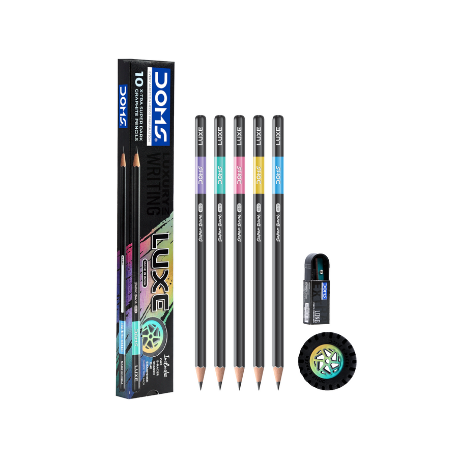 DOMS LUXE Graphite Pencils HB/2 – Pack of 10 | X-Tra Super Dark Pencils for Writing, Drawing & Sketching | Includes Eraser & Sharpener