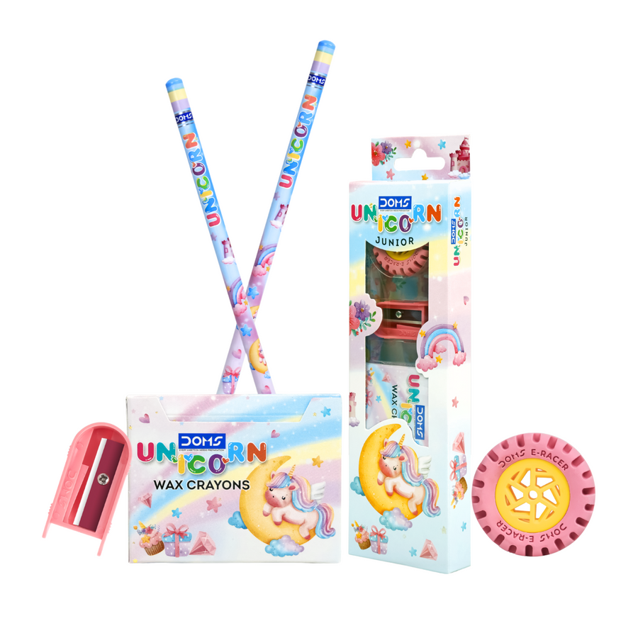 DOMS Unicorn Junior Stationery Kit – Kids Creative Combo with Wax Crayons, Pencil, Eraser & Sharpener for School & Art Activities