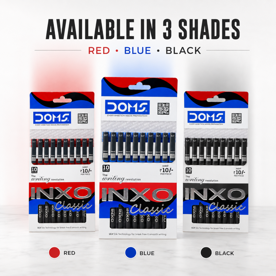 DOMS INXO Classic Ball Pens Pack – 0.7mm Tip | Pack of 10 Pens | Smooth ULV Ink Technology | Blue, Black & Red Pens
