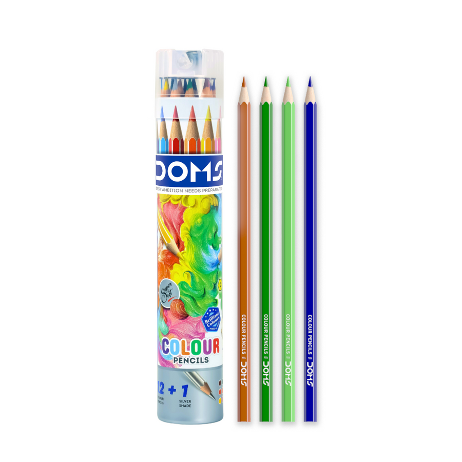 DOMS Full Size Colour Pencils | Round tin box | Sharpener Storage Tube | 12 & 24 Shades