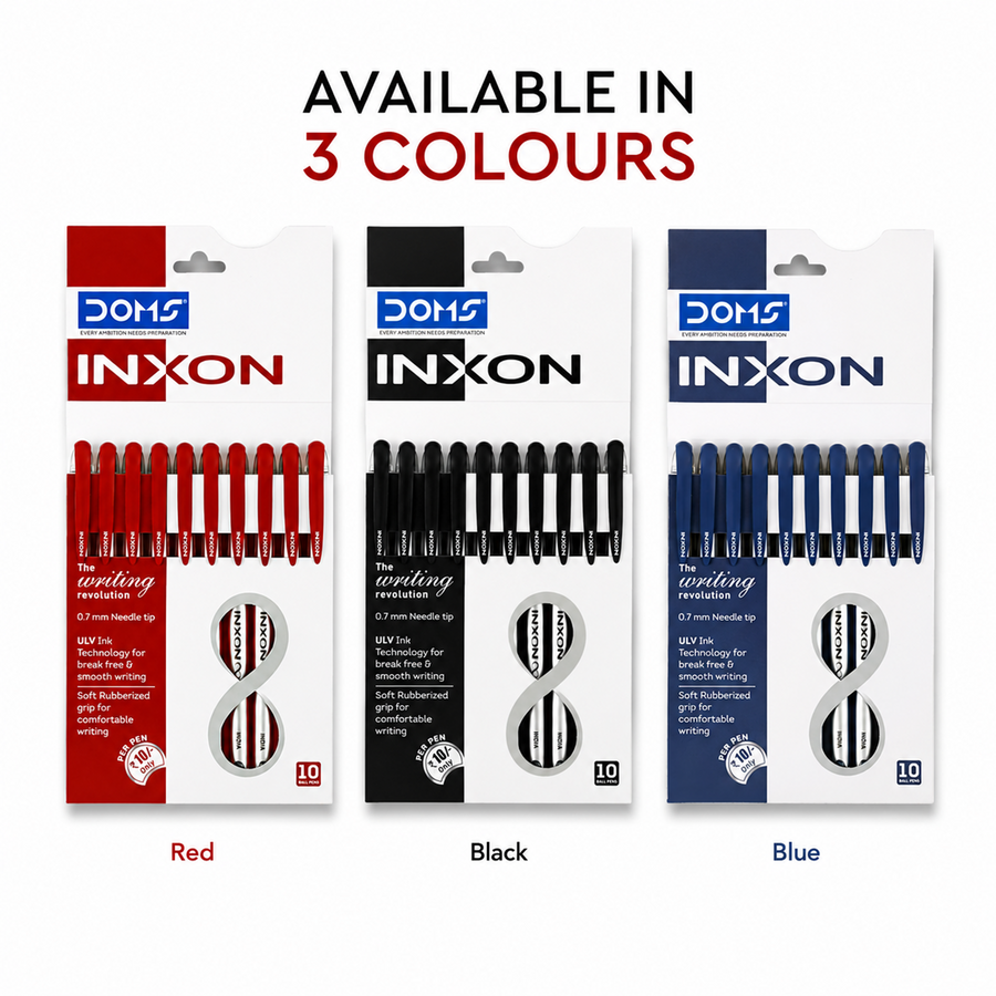 DOMS INXON Ball Pens Pack of 10 – 0.7mm Needle Tip Smooth Writing Pens, ULV Ink Technology, Blue, Black & Red Ink Pens for School & Office