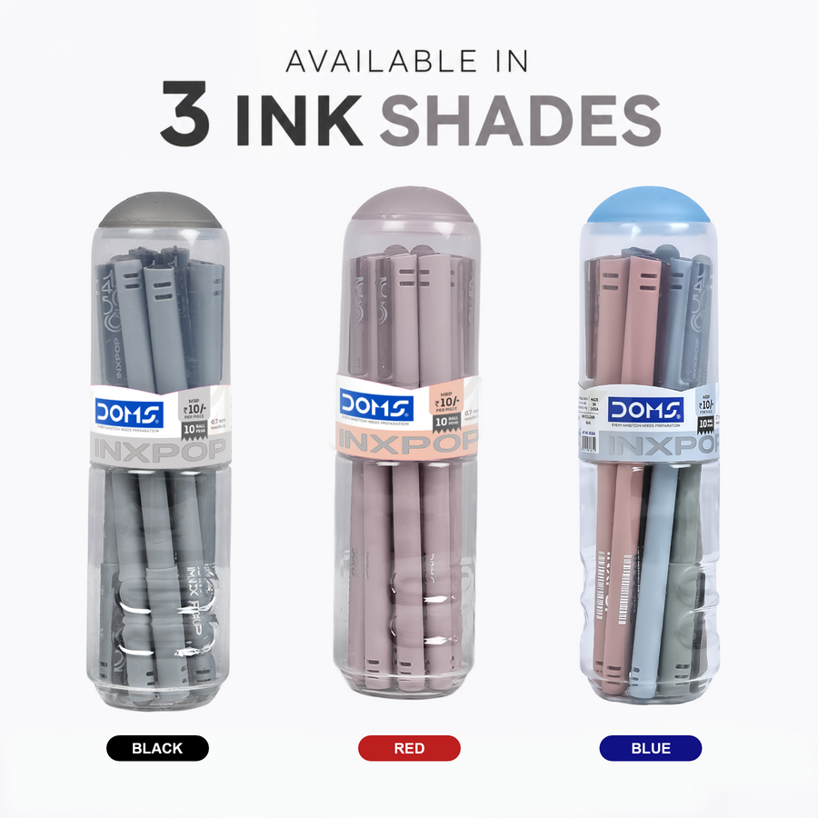 DOMS INXPOP Ball Pen Jar Pack of 10 – 0.7 mm Smooth Writing Pens | Blue, Black & Red Ink | Premium Pastel Pens in Capsule Bottle