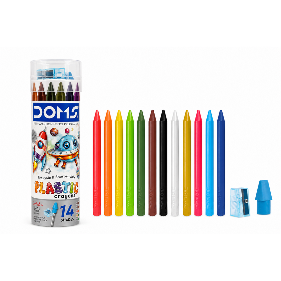 DOMS Plastic Crayons Set – Erasable & Sharpenable Colour Crayons for Kids | Smooth & Bright Shades
