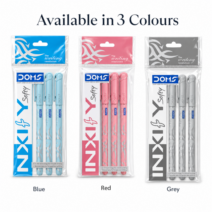 DOMS INXIFY Softy Ball Pens Pack of 5 – Smooth Writing Pens with LV Ink Technology, Blue, Black & Red Ink Pens for School, Office & Daily Use