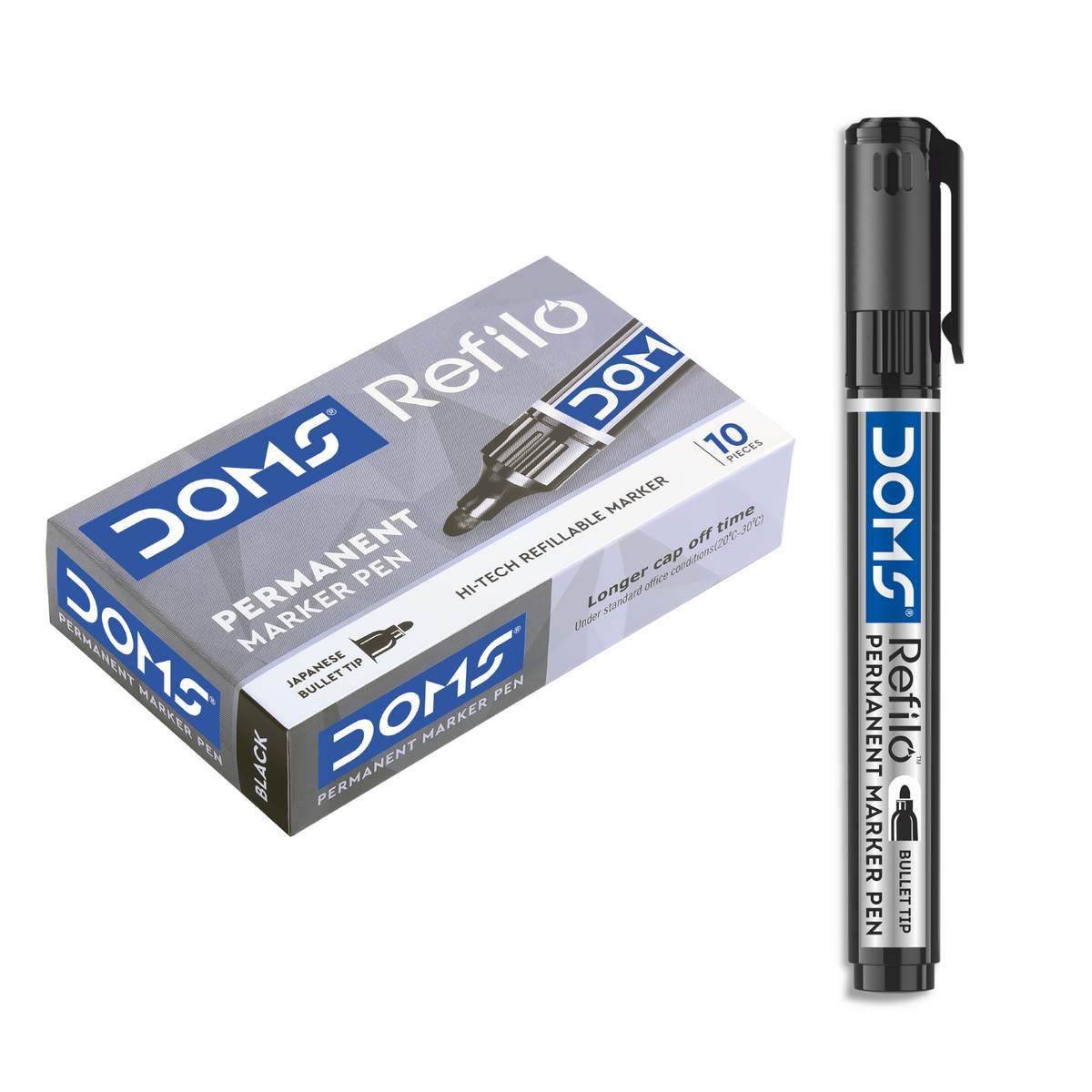 DOMS Refilo Permanent Marker Pen – Bullet Tip, Refillable, Waterproof & Quick Dry Ink | Multi-Surface Writing Marker (Pack Options Available)