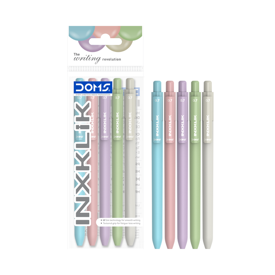 DOMS INXKLIK Ball Pens Pack – 0.7mm Smooth Writing Pens | Pack of 5 Pens | Premium Matte Finish | Available in Blue, Black & Red Ink | Stylish Ball Point Pens for School & Office