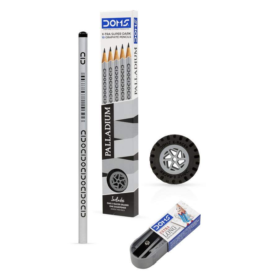 DOMS Palladium X-Tra Super Dark Graphite Pencils Pack of 10 with Eraser & Sharpener | Premium Writing & Drawing Pencils for School & Office Use