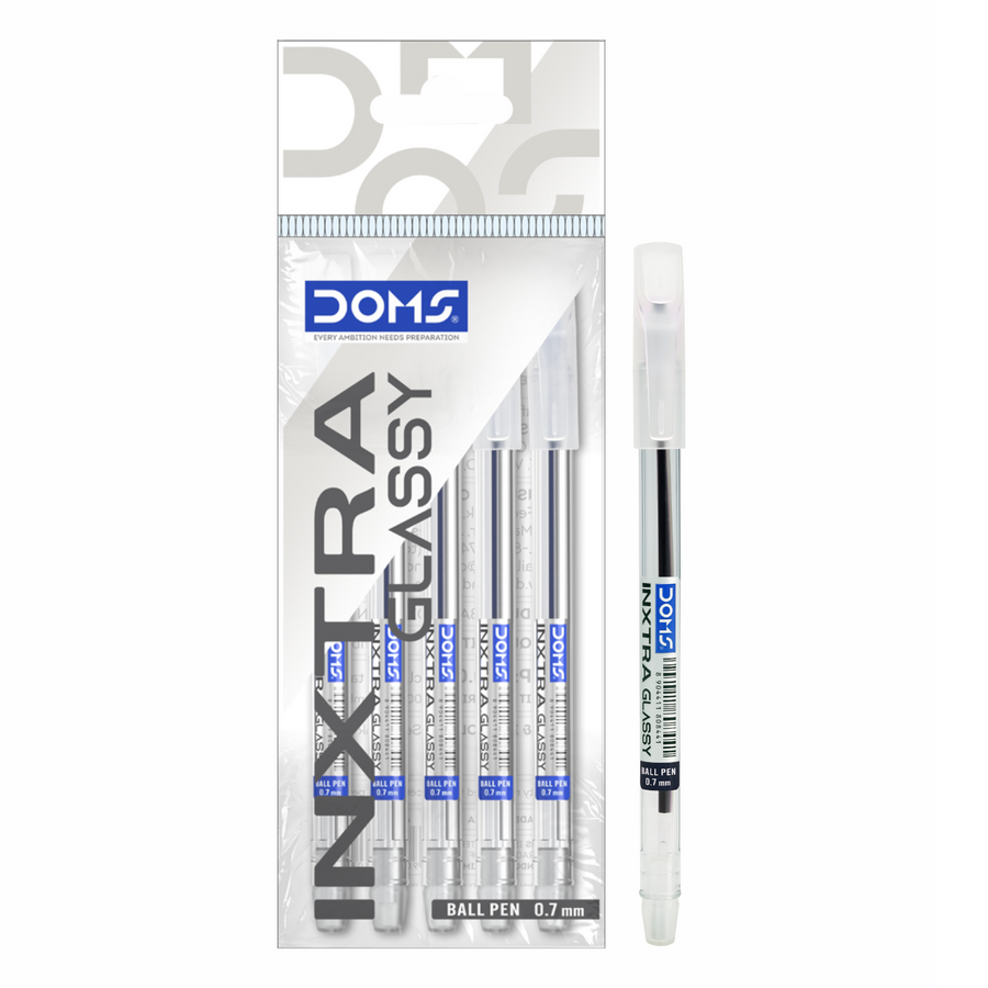 DOMS INXTRA Glassy Ball Pens Pack of 5 – 0.7mm Smooth Writing Pens with Transparent Barrel | Blue, Black & Red Ink