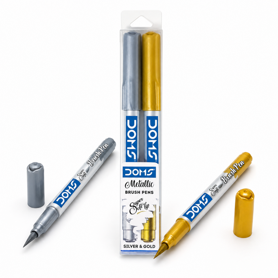 DOMS Metallic Brush Pens Silver & Gold | Dual Premium Metallic Calligraphy Pens for Art, Craft & Lettering