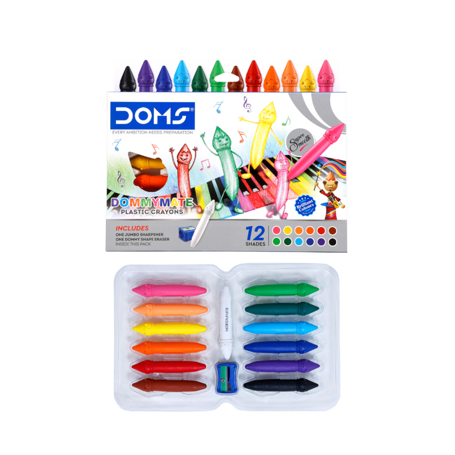 DOMS DOMMYMATE Plastic Crayons 12 Shades Set for Kids | Vibrant Non-Toxic Coloring Crayons | Smooth, Break-Resistant Art & Drawing Kit