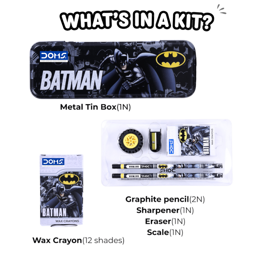DOMS Batman Stationery Kit with Metal Tin Box – Kids School Kit with 12 Wax Crayons, Pencils, Sharpener, Eraser & Scale | DC Superhero Gift Set