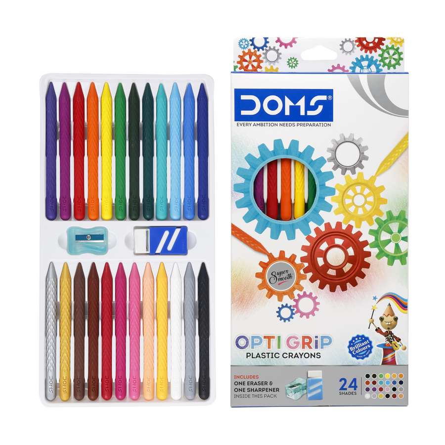 DOMS 24 Shades Opti Grip Plastic Crayons Set for Kids | Non-Toxic Vibrant Coloring Crayons | Smooth, Break-Resistant Art & Drawing Kit