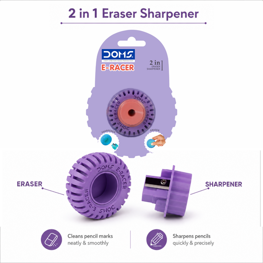DOMS E-RACER 2-in-1 Eraser + Sharpener | Dual Function Pencil Eraser with Built-in Sharpener | Compact, Non-Toxic School & Office Stationery