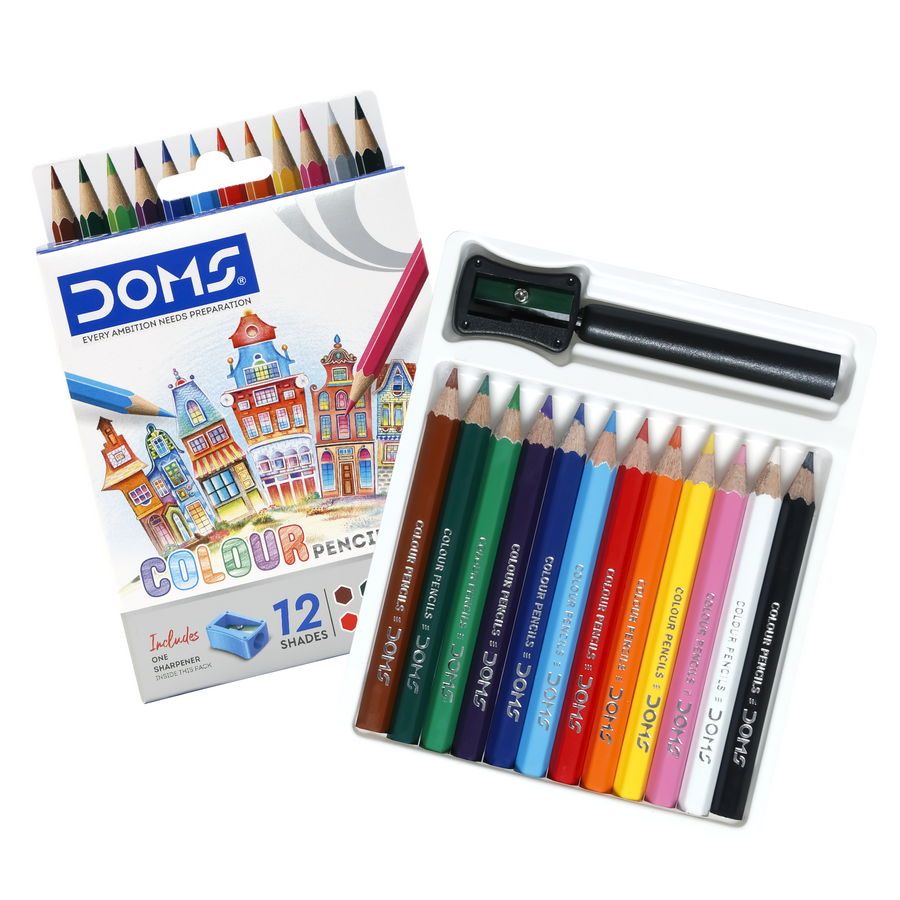 DOMS Half - Size  12 Shades Colour Pencils Set with Sharpener | Vibrant Coloring Pencils for Kids, Students & Artists