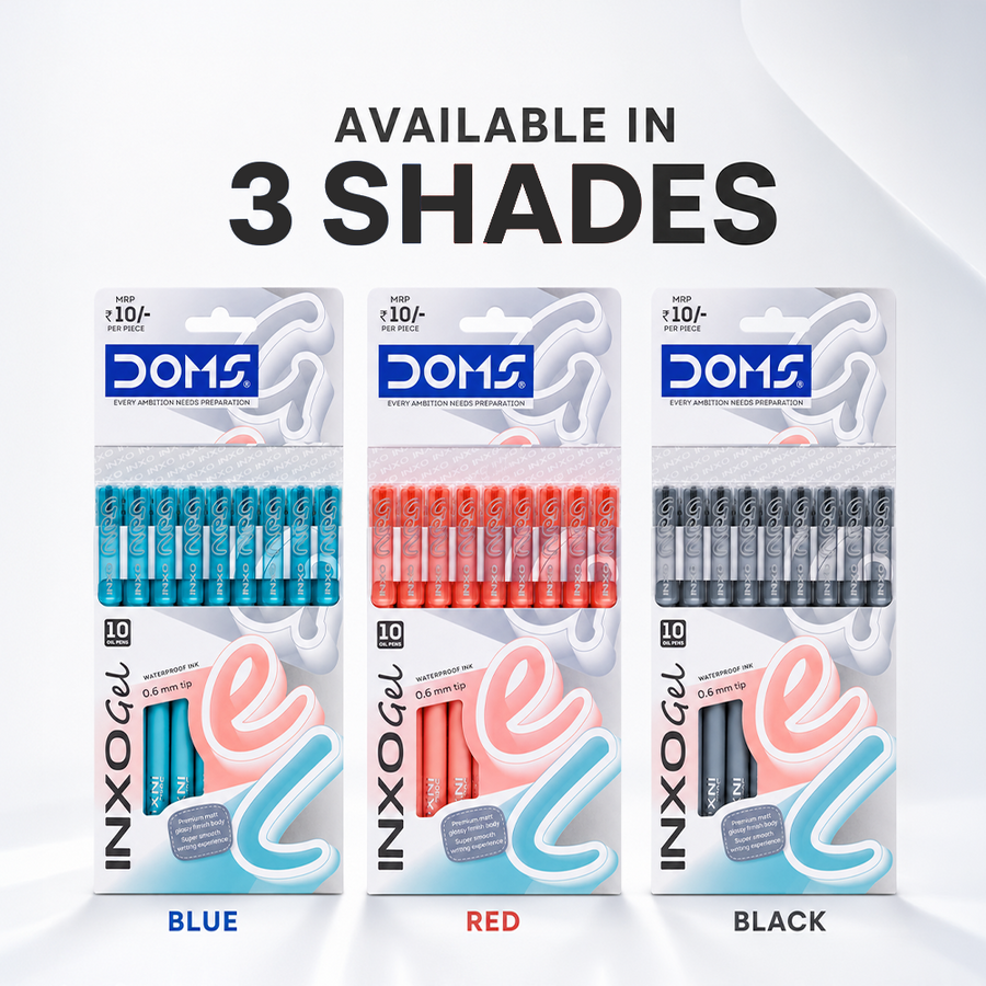 DOMS INXO Gel Pens Pack of 10 0.6mm Fine Tip | Pack of 10 Pens | Smooth Waterproof Ink | Blue, Black & Red Gel Pens