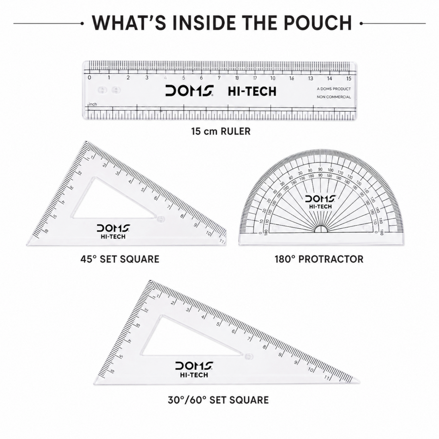 DOMS Hi-Tech Math Instrument Box – 4-Piece Geometry Set with Scale, Protractor & Set Squares for Students